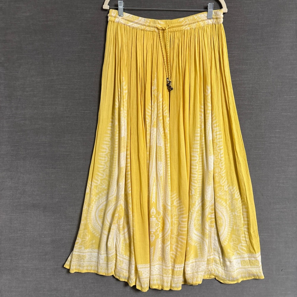 Chelsea Theodore Skirt M Yellow Paisley Rayon Bell Tassel Boho Maxi India Hippie